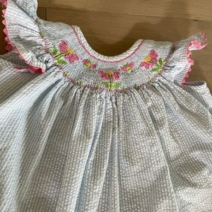 Shrimp and Grits Kids seersucker smocked bishop dress